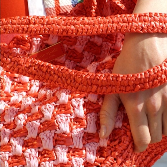 ♠️kate spade High Tide Striped Crochet Raffia Medium Beach Tote Bag, Ladybug NWT - Picture 7 of 8